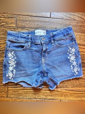 abercrombie kids Blue Denim Shorts with White Floral Embroidery